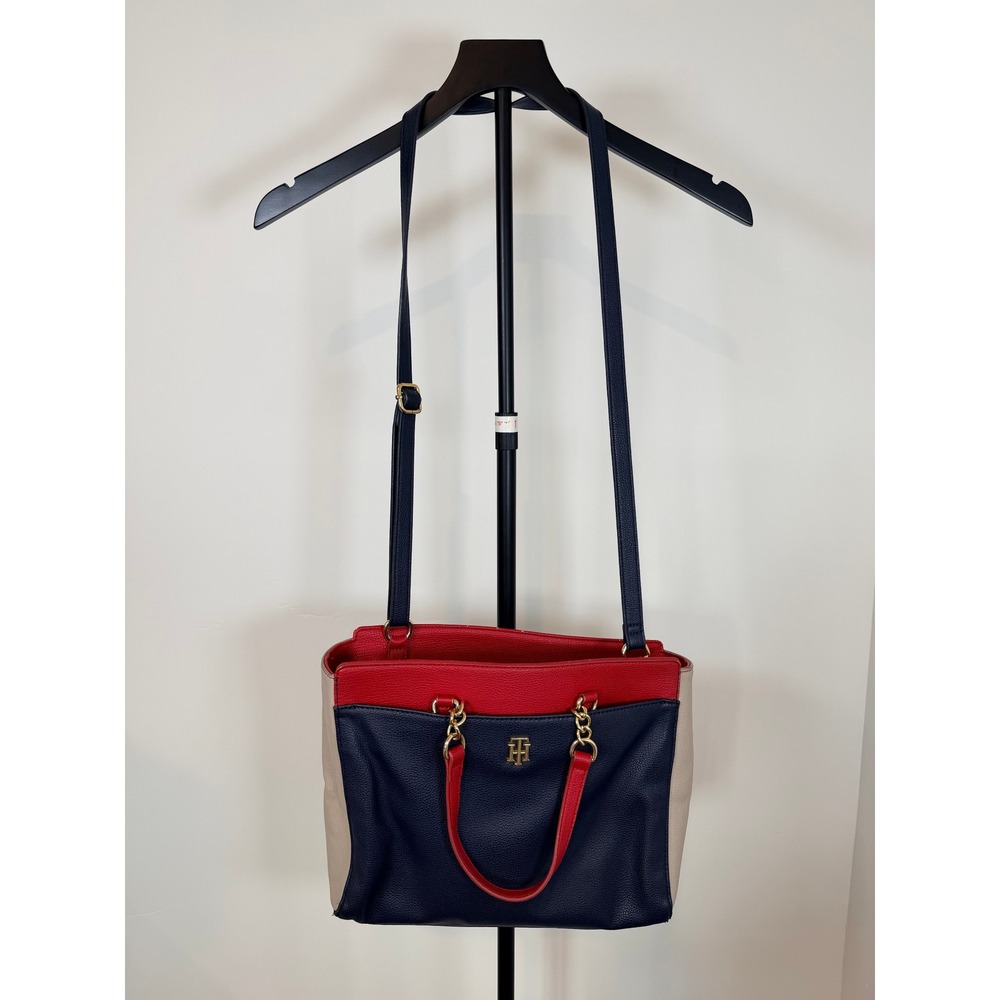 Tommy Hilfiger Colorblock Crossbody Tote Bag Navy Red Cream Pebbled Gold Logo